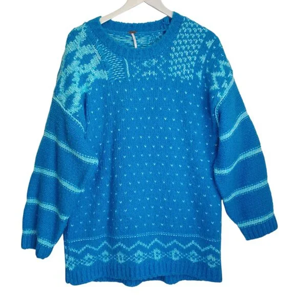 Free People Chunky Knit Sweater Blue Green Stripe Pullover Womens Medium - Picture 11 of 11